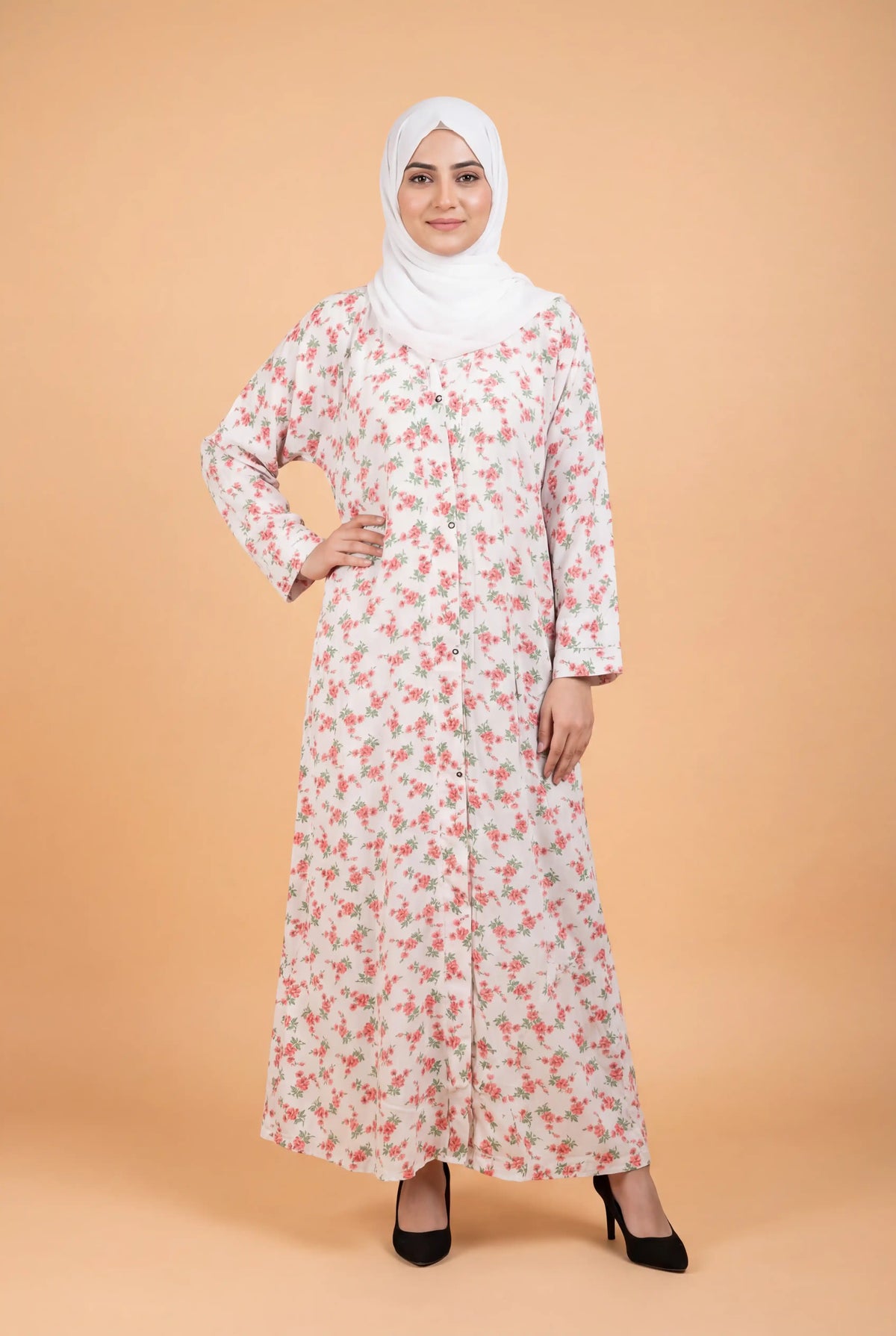 Sada Bahar Creamy Abaya | Printed Front-Open