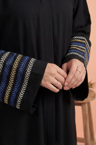 Blue Qamar Black Abaya | Embroidery Front-Open