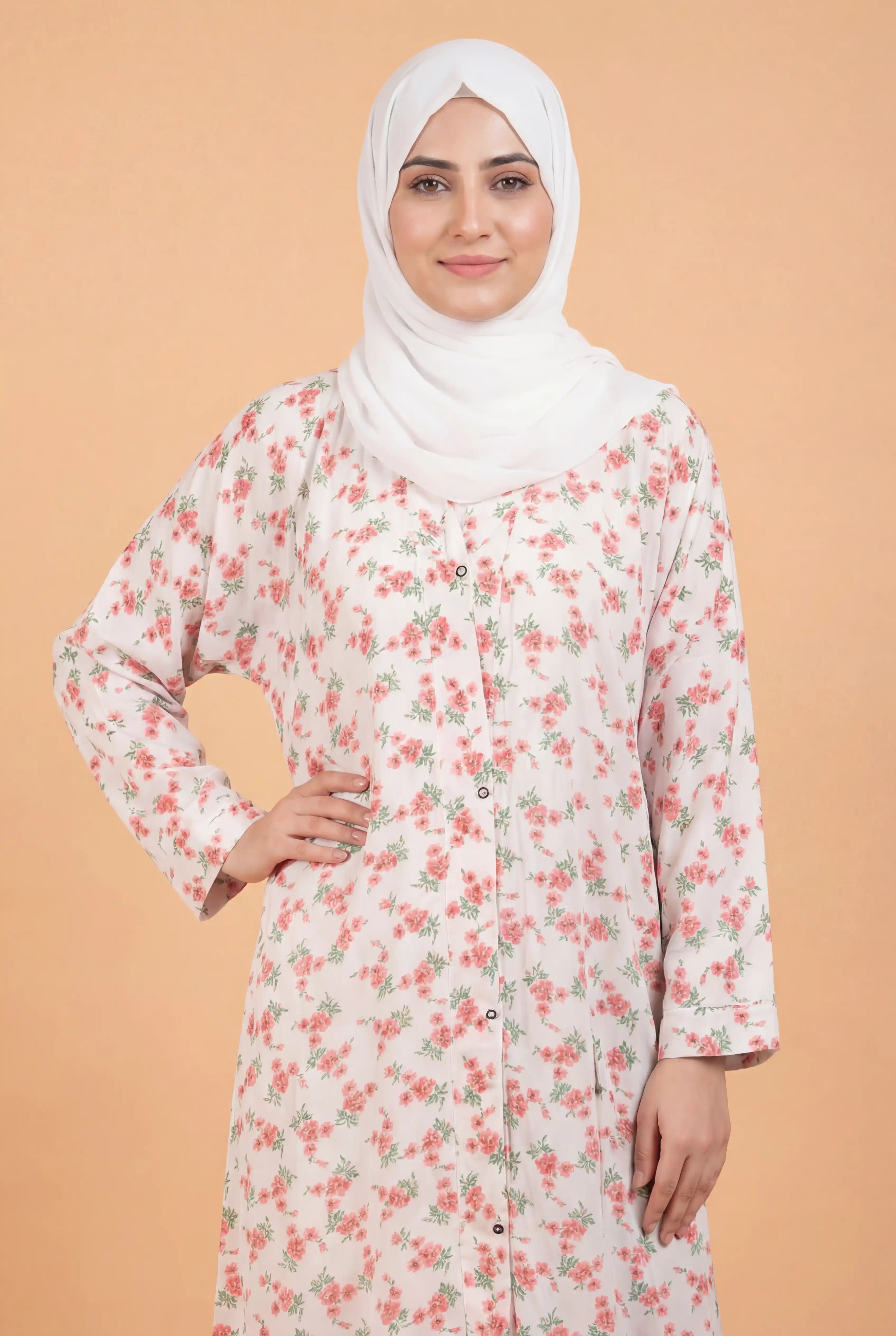 Sada Bahar Creamy Abaya | Printed Front-Open