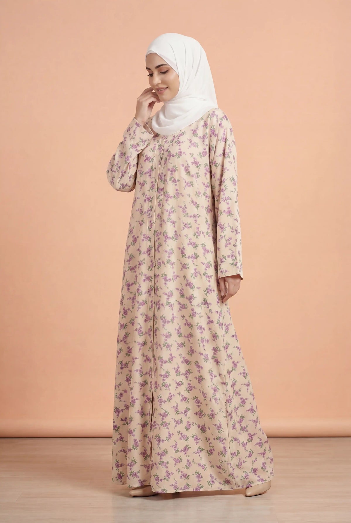 Dusky Flower Soft Beige Abaya | Printed Front-Open