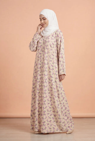 Dusky Flower Soft Beige Abaya | Printed Front-Open