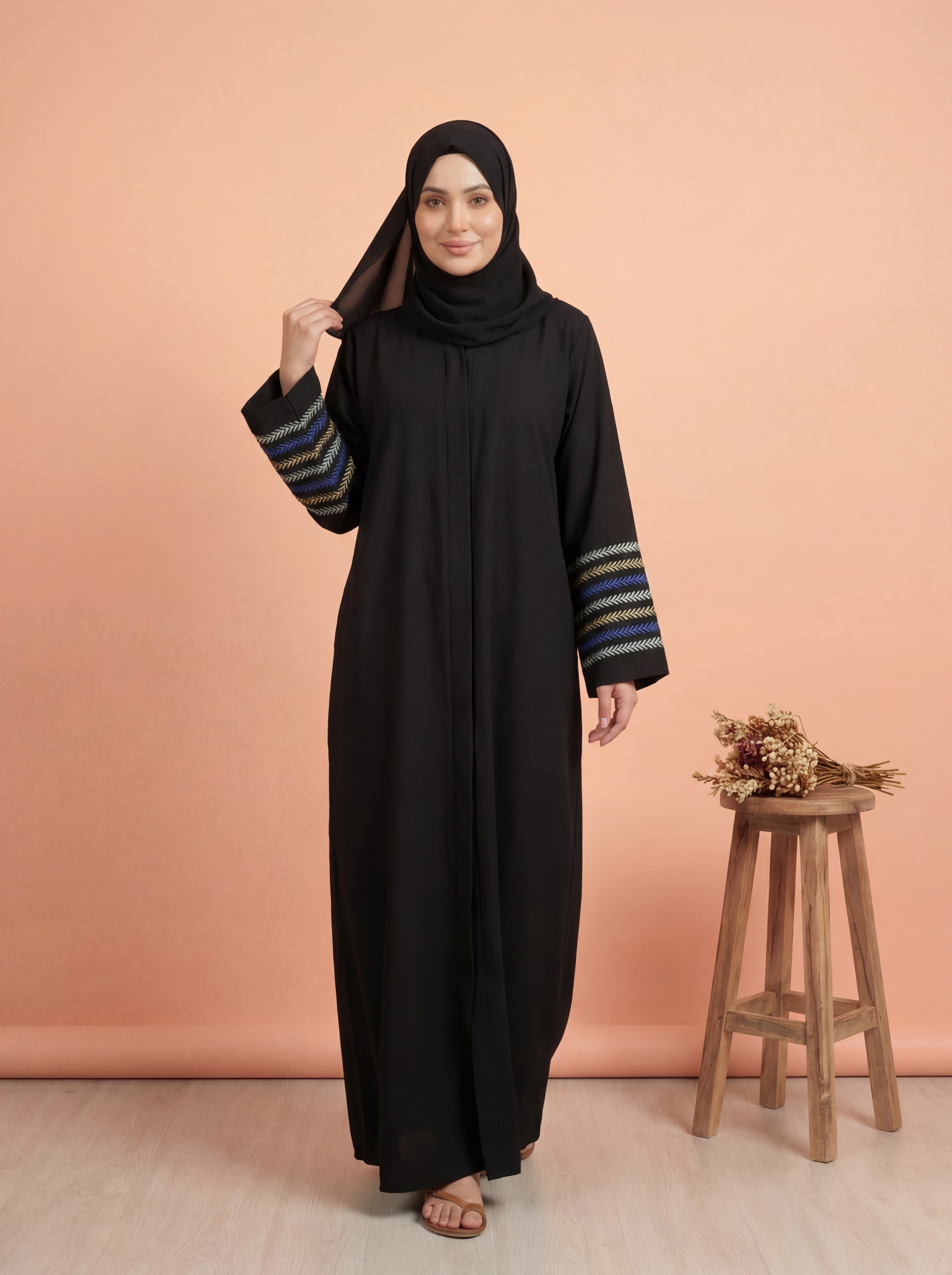 Blue Qamar Black Abaya | Embroidery Front-Open