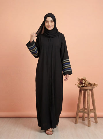 Blue Qamar Black Abaya | Embroidery Front-Open