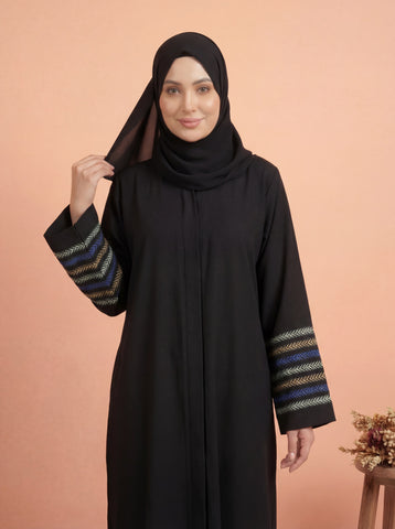 Blue Qamar Black Abaya | Embroidery Front-Open