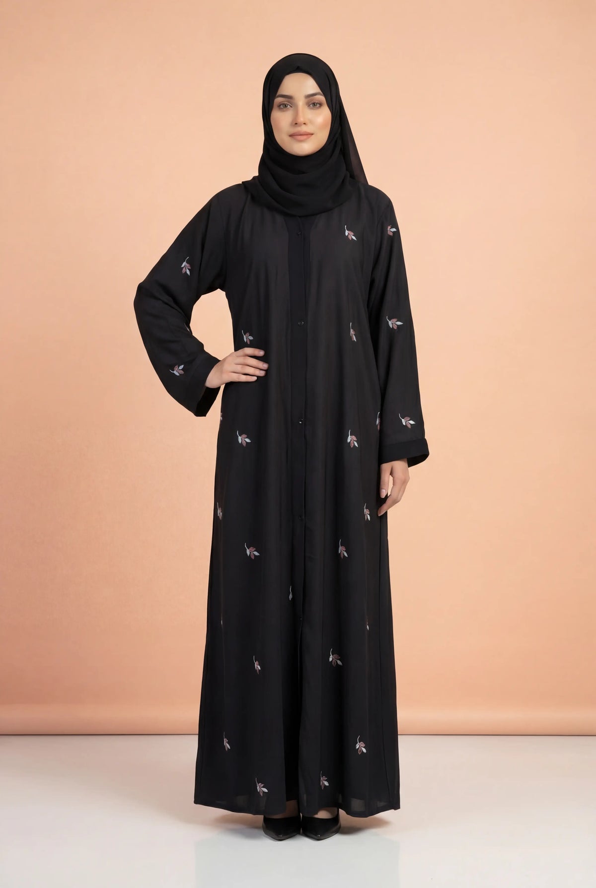 Leafy Black  | Embroidery Front-Open