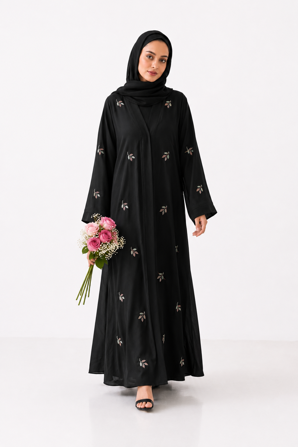 Leafy Black  | Embroidery Front-Open