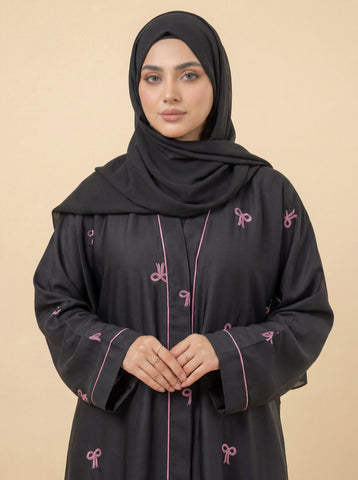 Premium Bow Abaya | Embroidery Front-Open