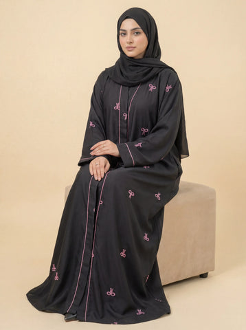 Premium Bow Abaya | Embroidery Front-Open