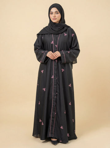 Premium Bow Abaya | Embroidery Front-Open