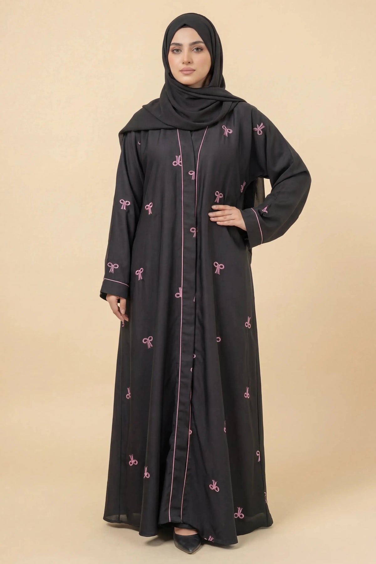 Premium Bow Abaya | Embroidery Front-Open