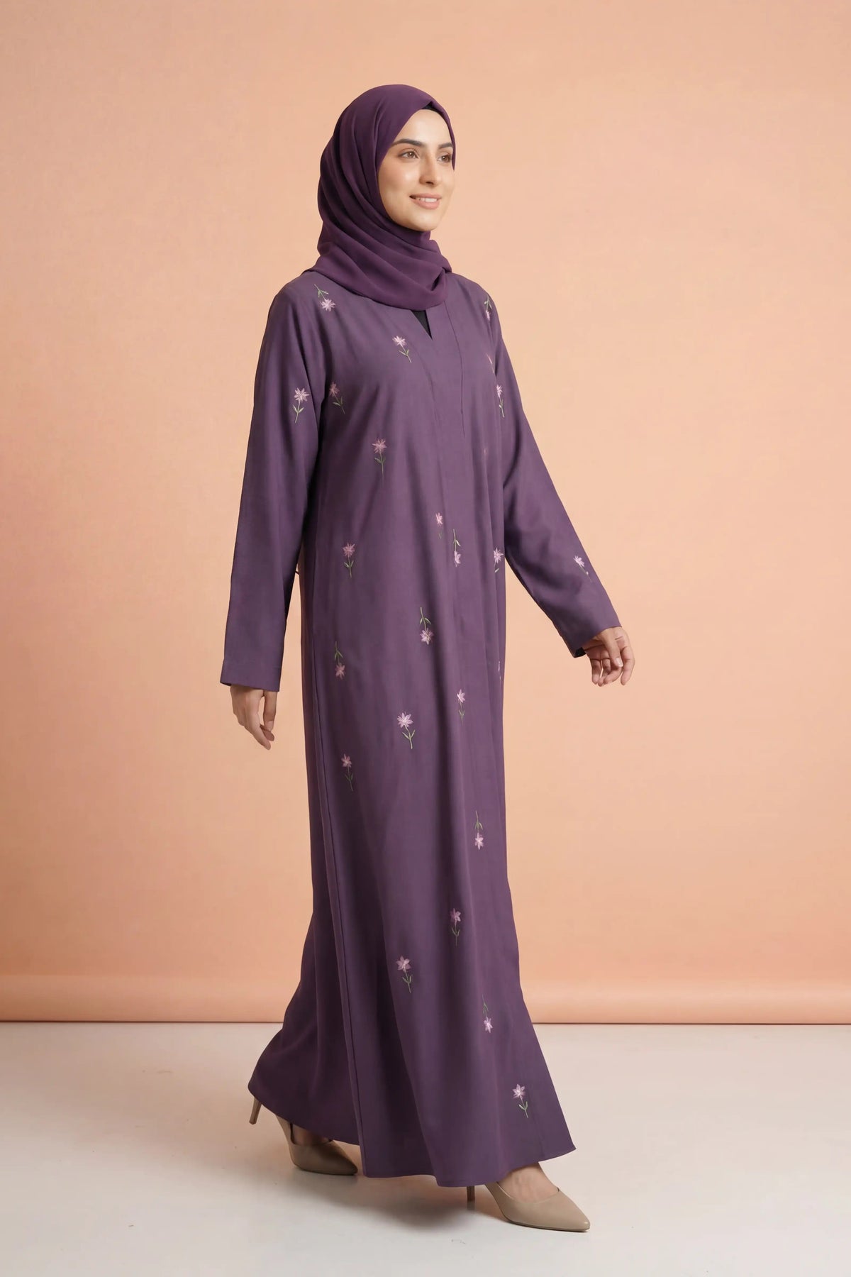 Rosy Night Purple Abaya | Embroidery Front-Open