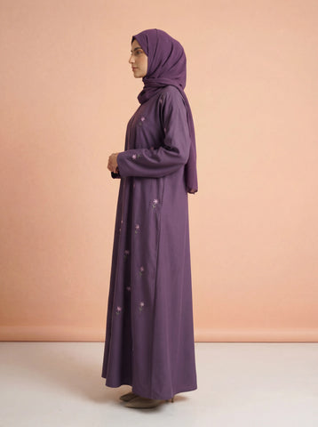 Rosy Night Purple Abaya | Embroidery Front-Open