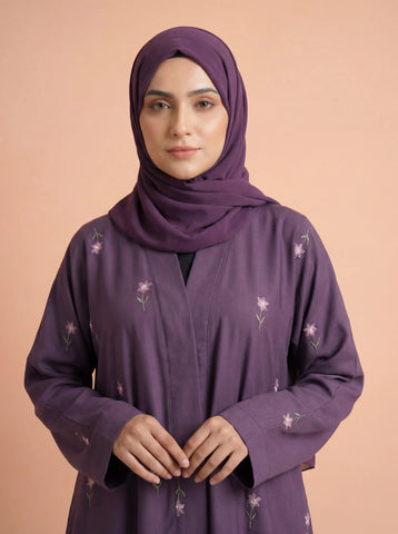 Rosy Night Purple Abaya | Embroidery Front-Open