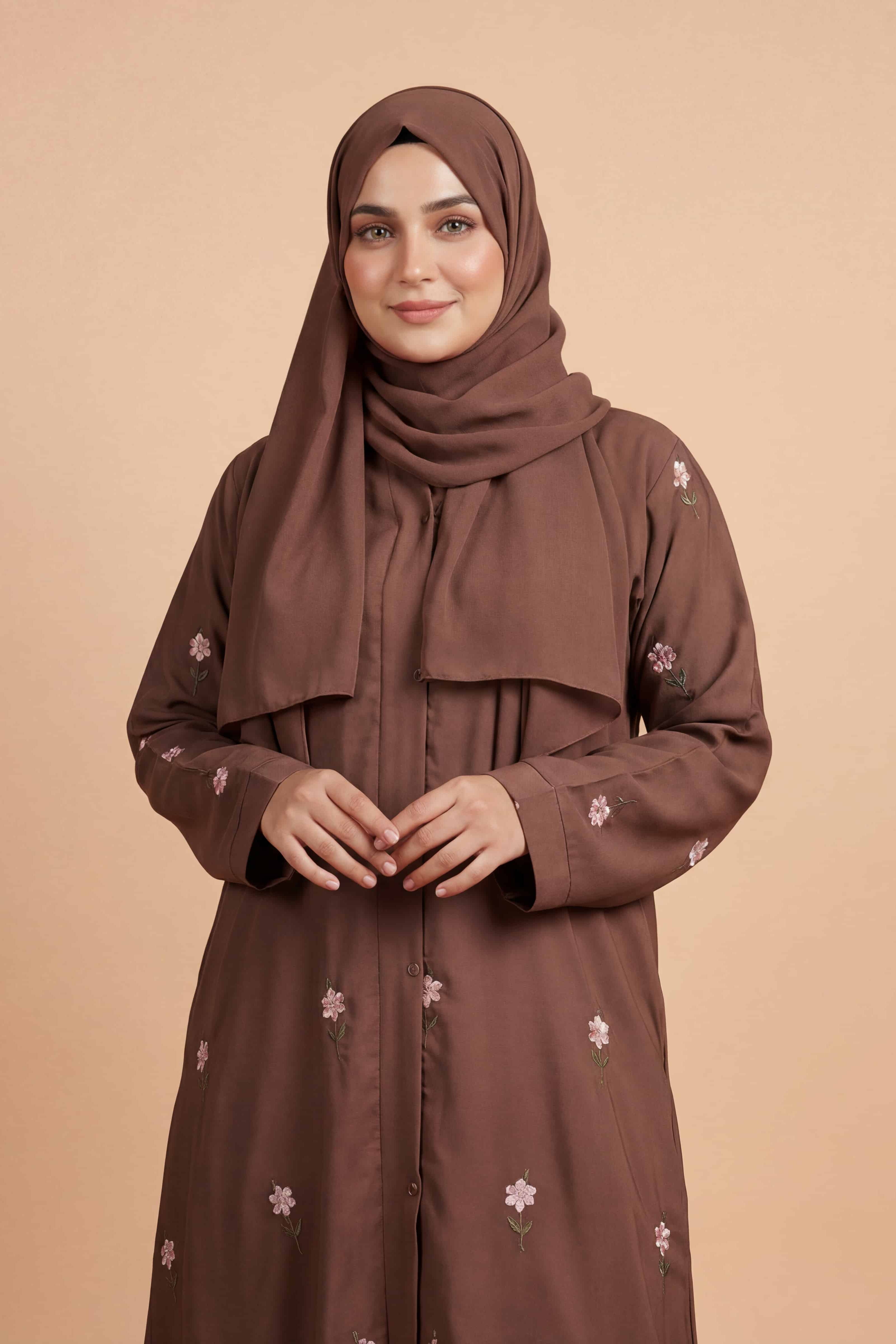 Rosy Night Brown Abaya | Embroidery Front-Open