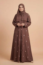 Rosy Night Brown Abaya | Embroidery Front-Open