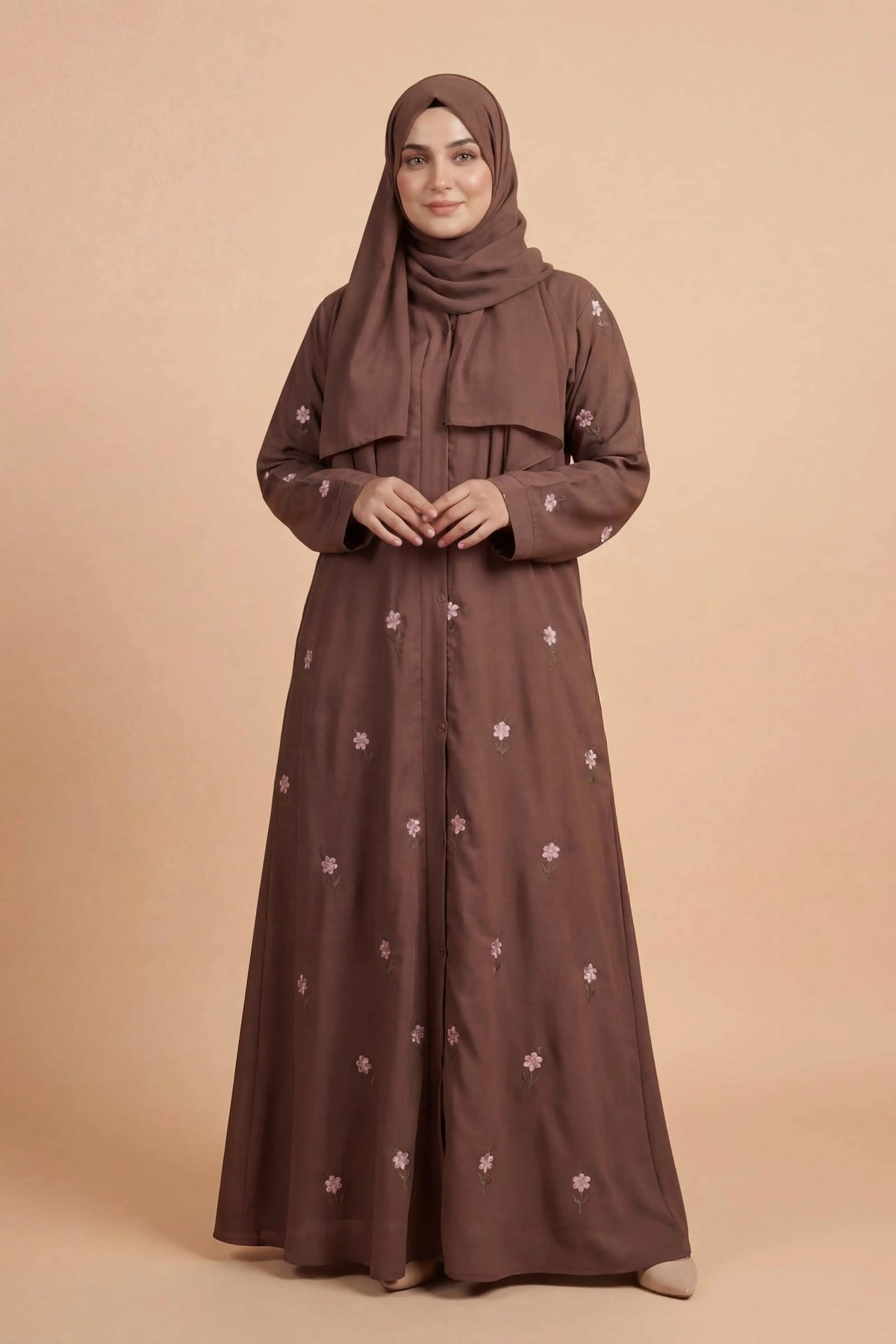 Rosy Night Brown Abaya | Embroidery Front-Open