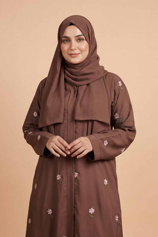 Rosy Night Brown Abaya | Embroidery Front-Open