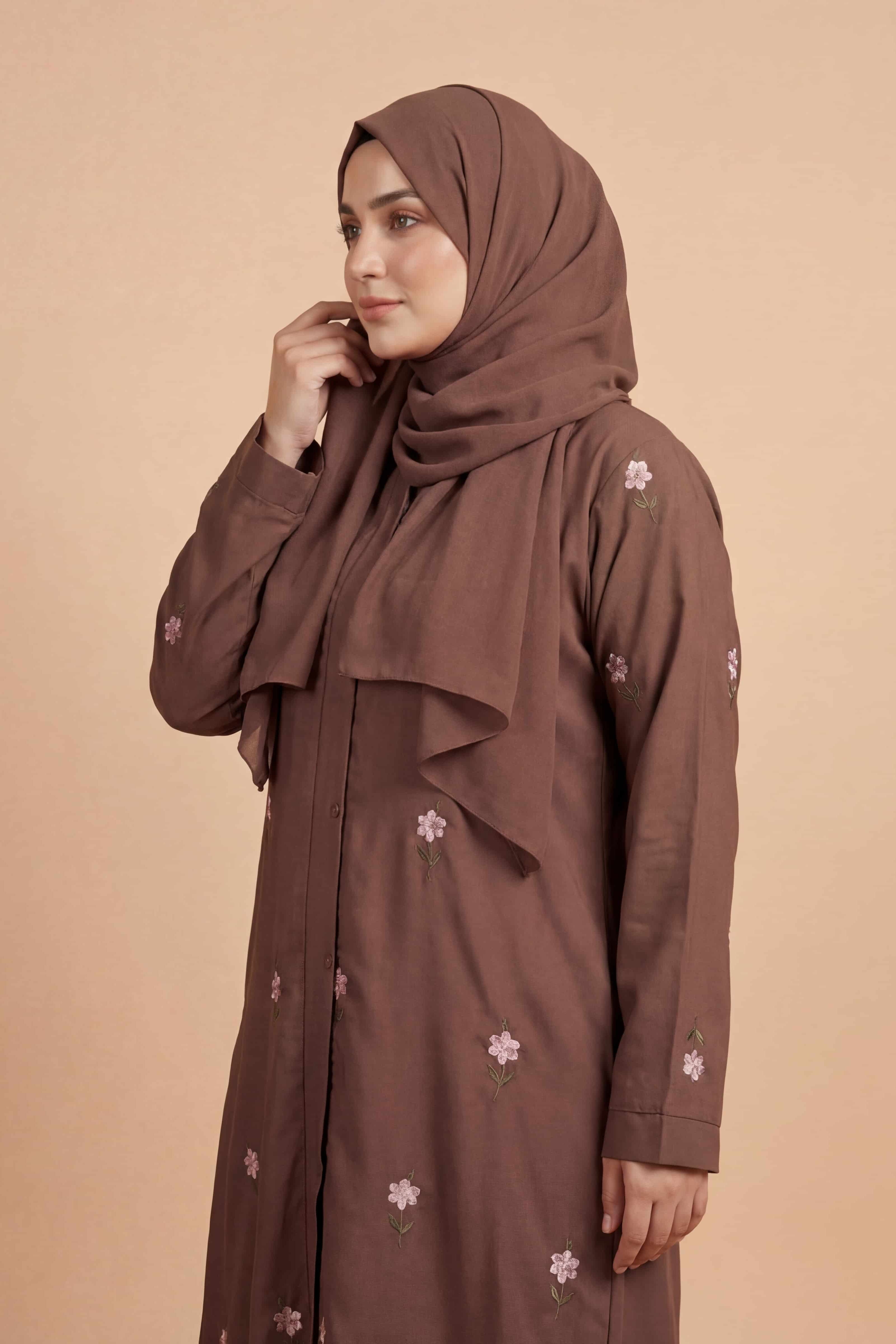 Rosy Night Brown Abaya | Embroidery Front-Open