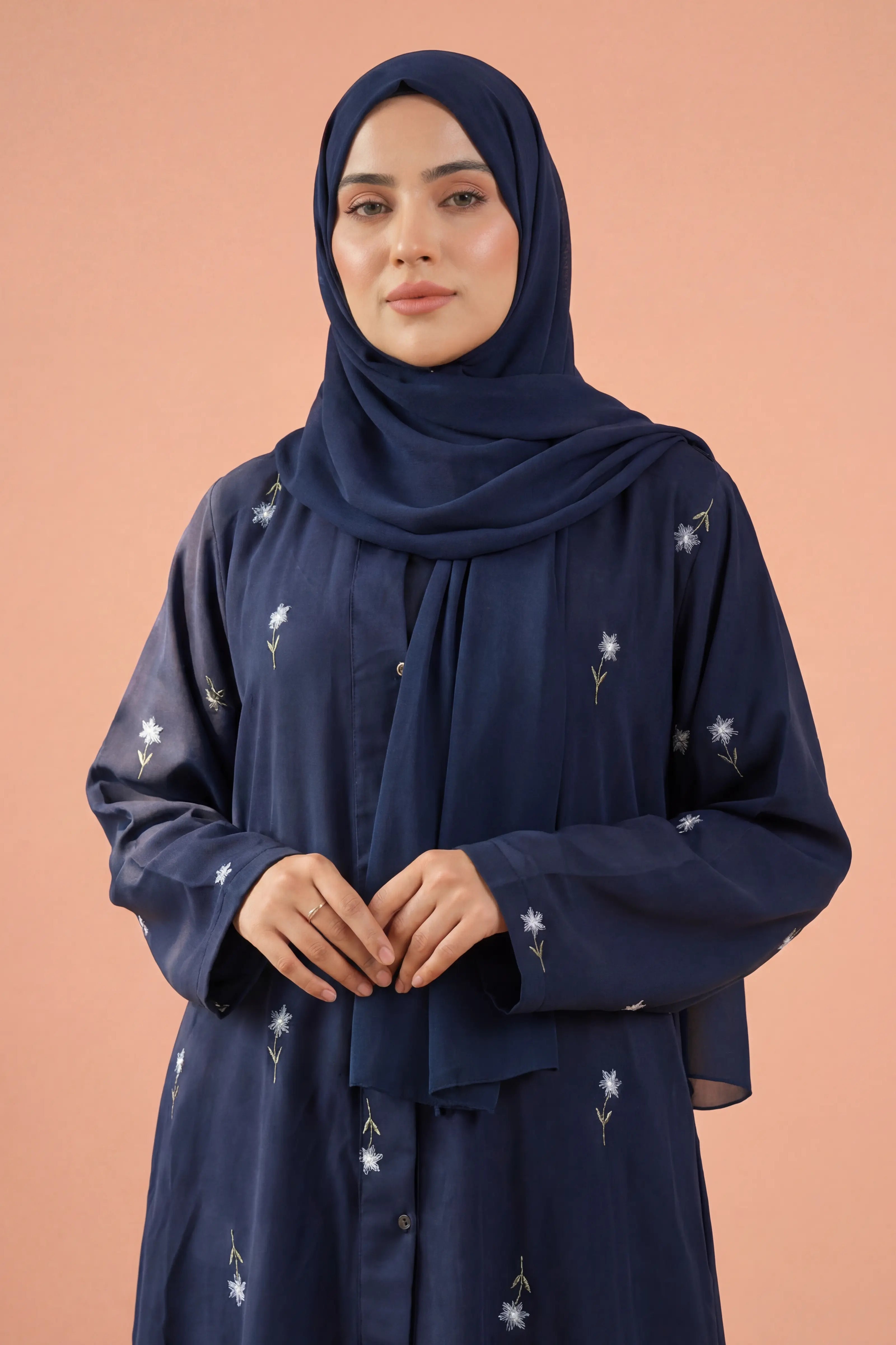 Rosy Night navy blue Abaya | Embroidery Front-Open