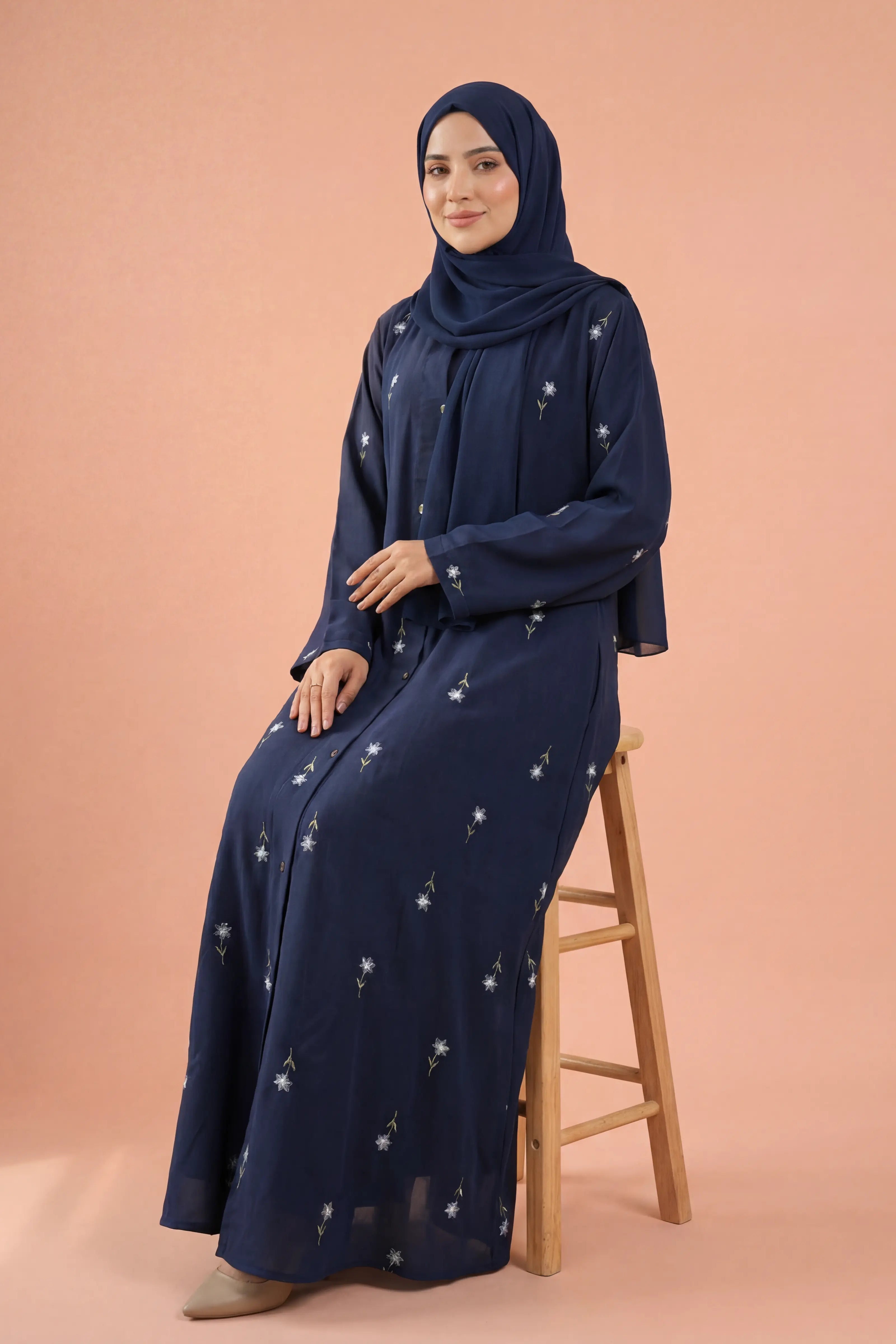 Rosy Night navy blue Abaya | Embroidery Front-Open