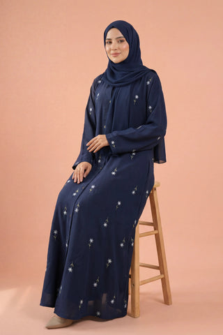 Rosy Night navy blue Abaya | Embroidery Front-Open