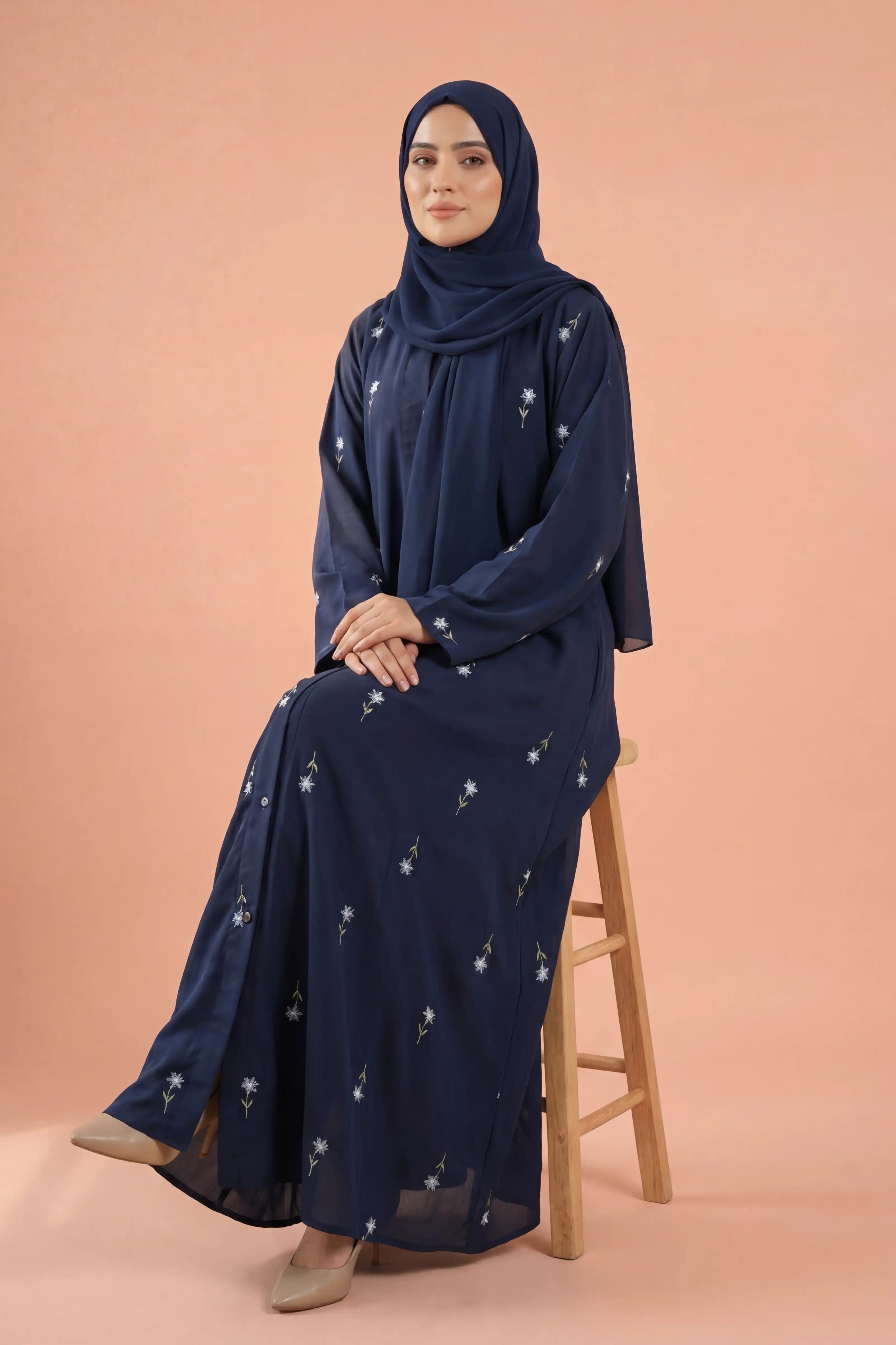 Rosy Night navy blue Abaya | Embroidery Front-Open