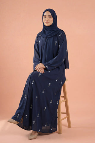 Rosy Night navy blue Abaya | Embroidery Front-Open