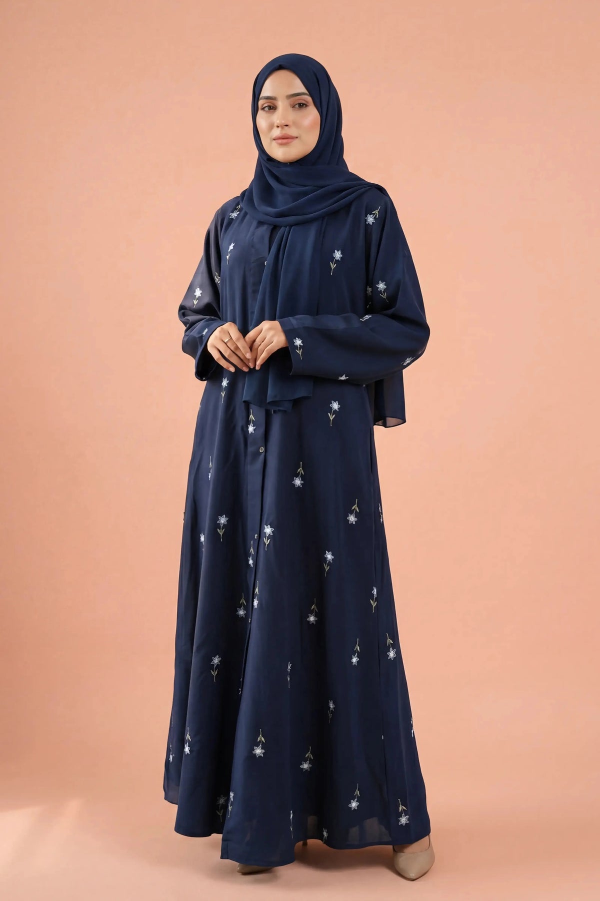 Rosy Night navy blue Abaya | Embroidery Front-Open