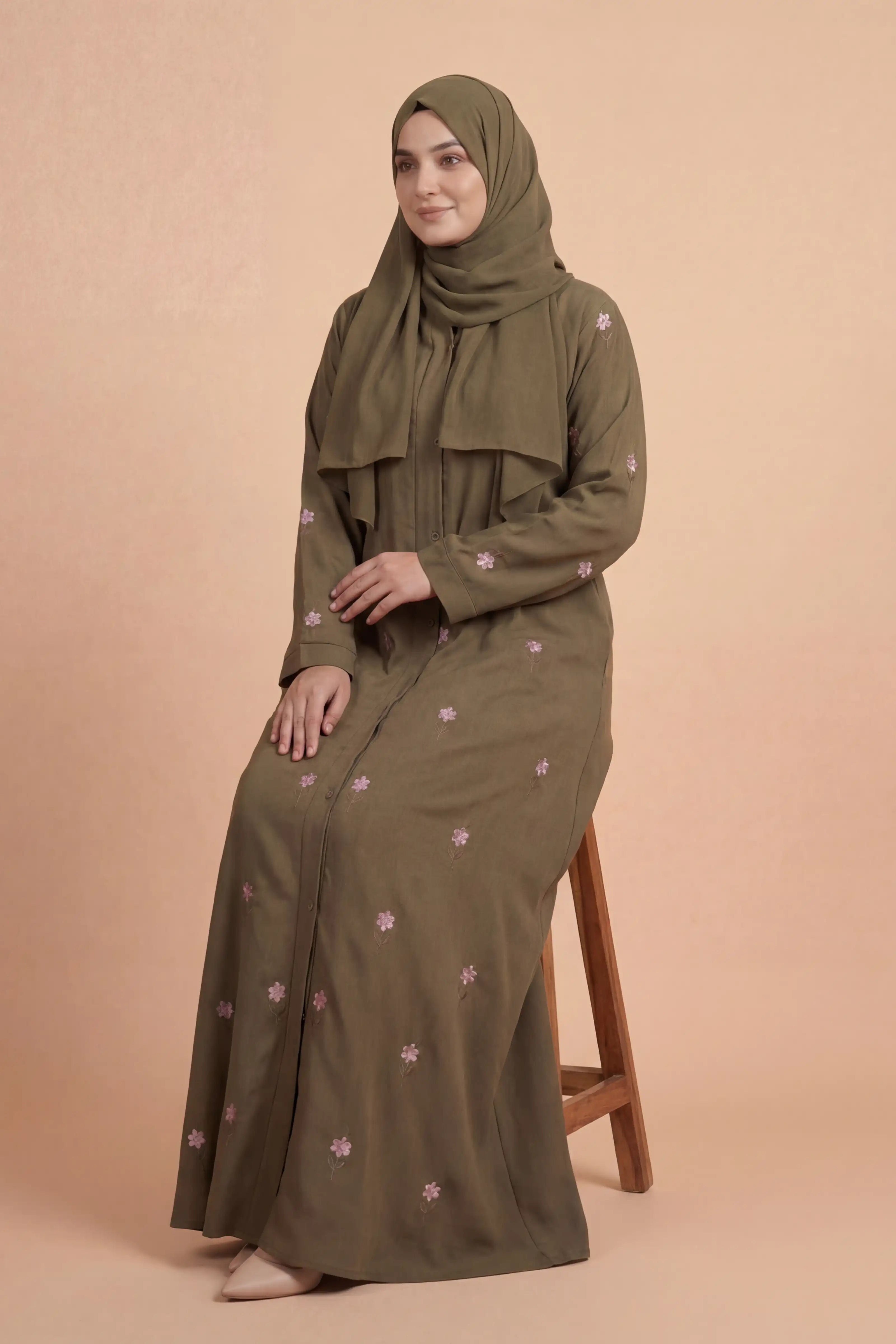Rosy Night Olive-Green Abaya | Embroidery Front-Open