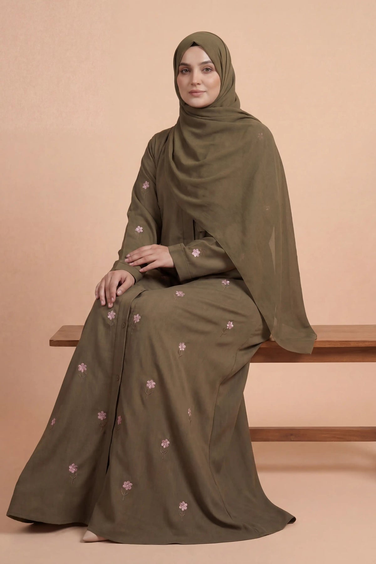 Rosy Night Olive-Green Abaya | Embroidery Front-Open