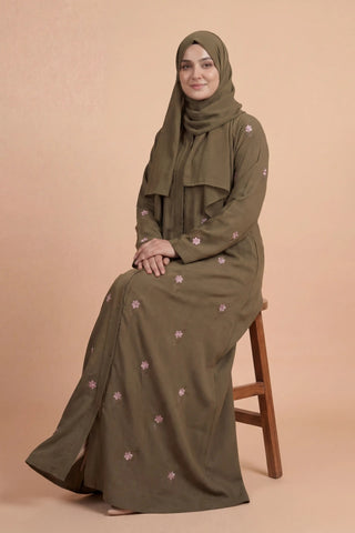 Rosy Night Olive-Green Abaya | Embroidery Front-Open