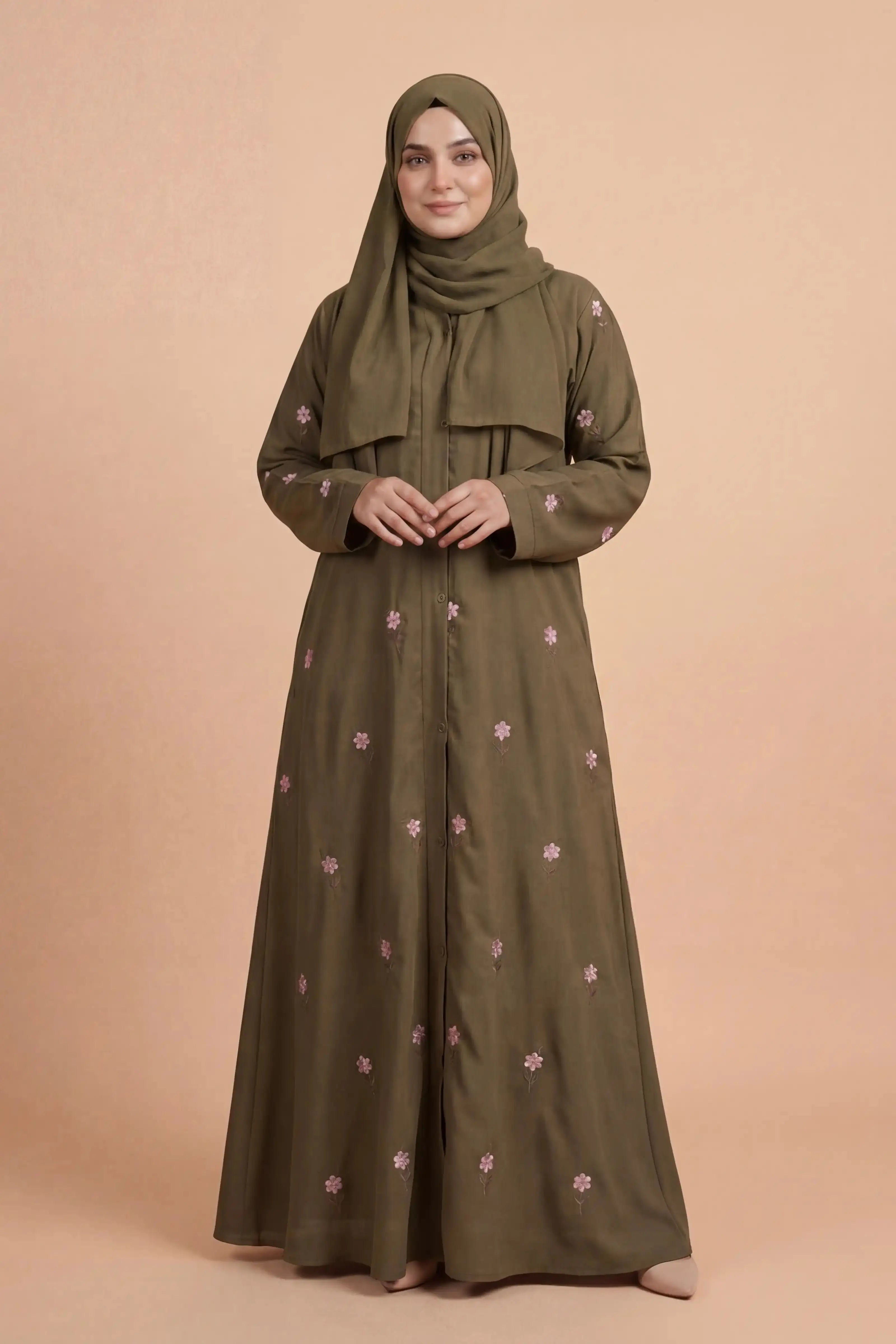 Rosy Night Olive-Green Abaya | Embroidery Front-Open
