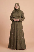 Rosy Night Olive-Green Abaya | Embroidery Front-Open