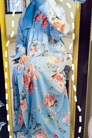 Silk Floral Powder Blue Abaya | Printed Front-Open