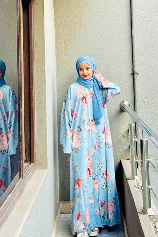 Silk Floral Powder Blue Abaya | Printed Front-Open