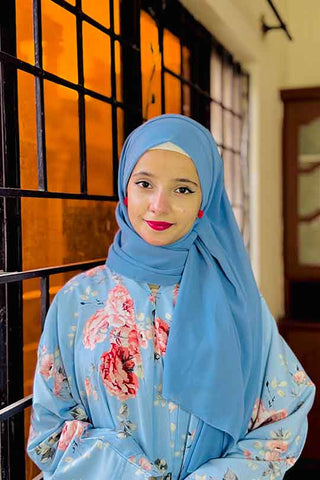Silk Floral Powder Blue Abaya | Printed Front-Open