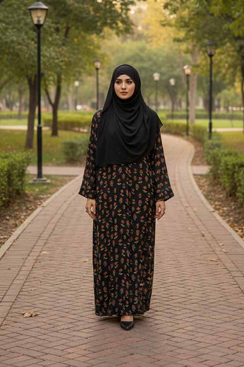 Autumn Rose Black Abaya | Printed Front-Open