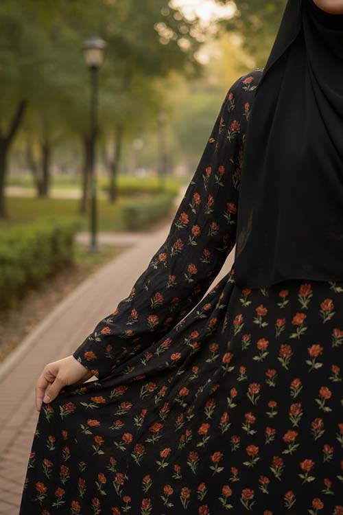 Autumn Rose Black Abaya | Printed Front-Open
