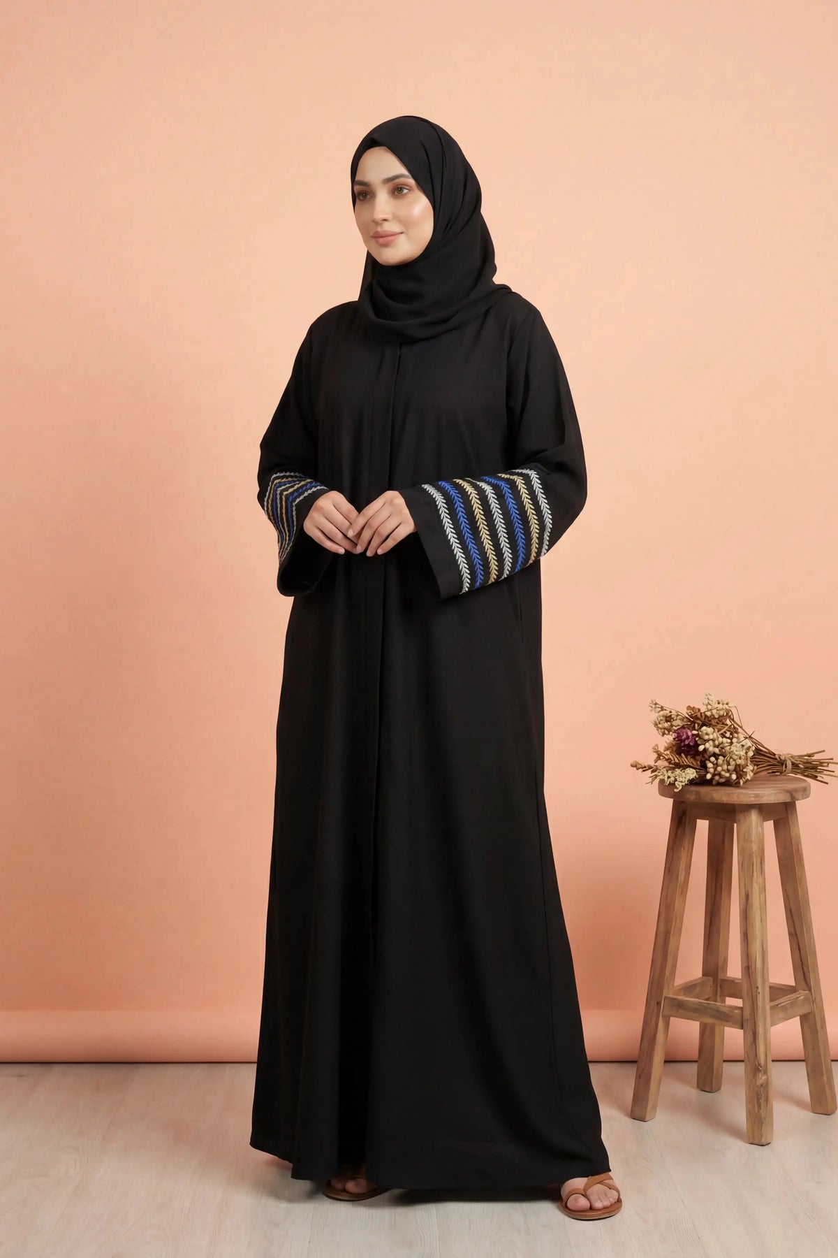 Blue Qamar Black Abaya | Embroidery Front-Open