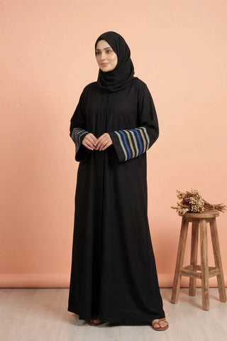 Blue Qamar Black Abaya | Embroidery Front-Open