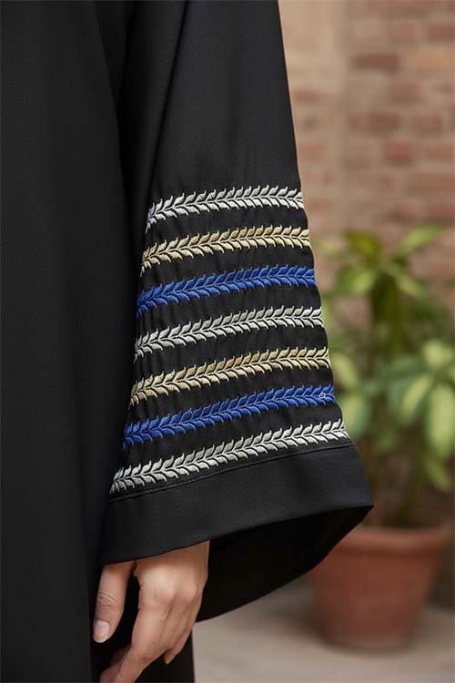 Blue Qamar Black Abaya | Embroidery Front - Open - 