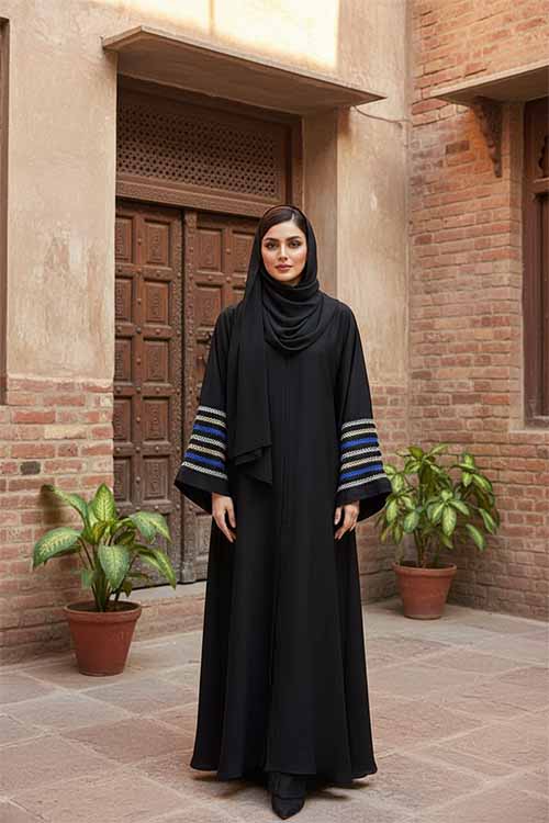 Blue Qamar Black Abaya | Embroidery Front-Open
