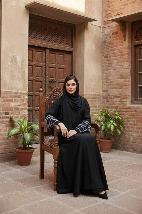 Blue Qamar Black Abaya | Embroidery Front-Open