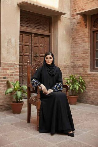 Blue Qamar Black Abaya | Embroidery Front-Open