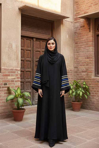 Blue Qamar Black Abaya | Embroidery Front-Open