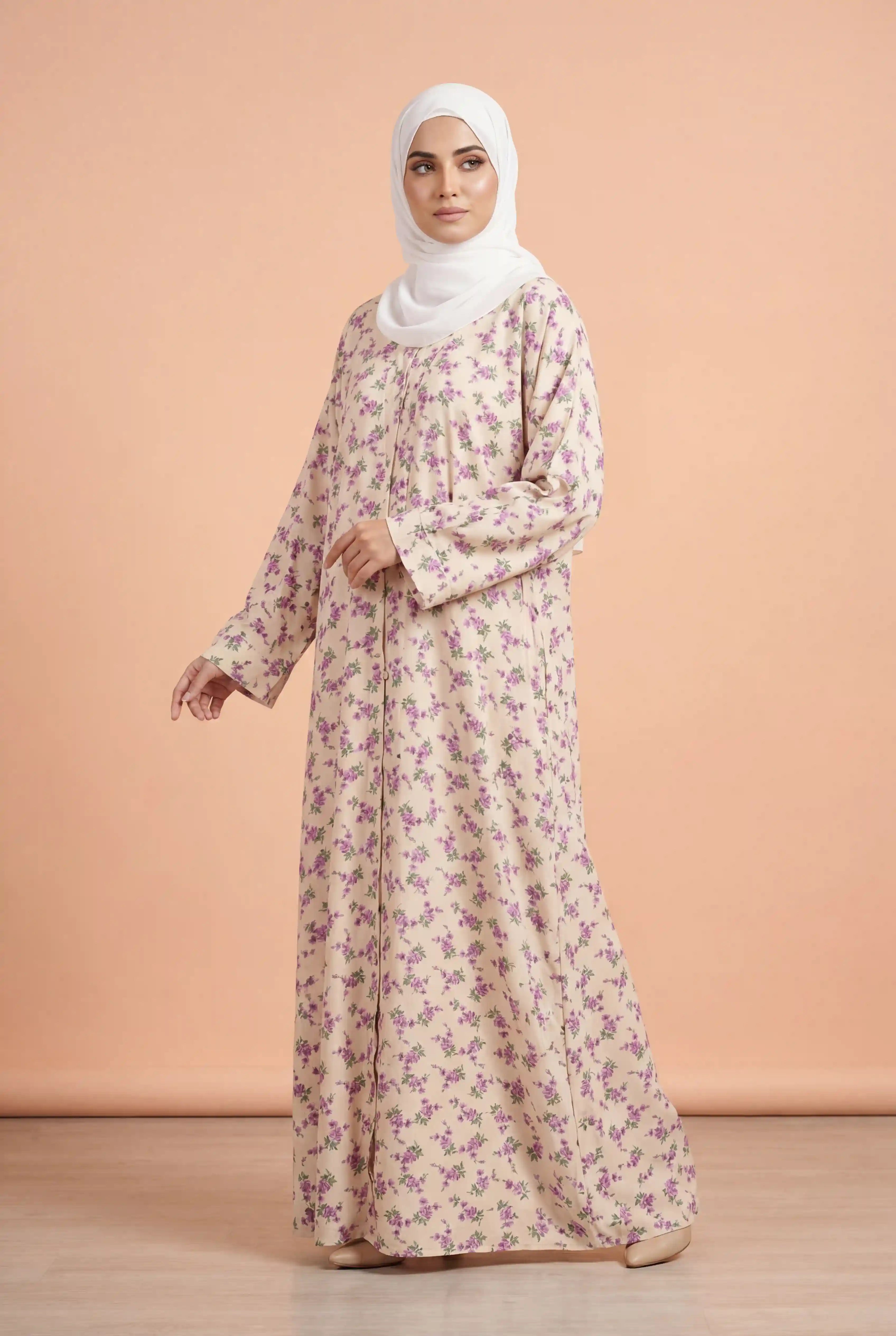 Dusky Flower Soft Beige Abaya | Printed Front-Open