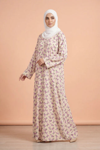 Dusky Flower Soft Beige Abaya | Printed Front-Open