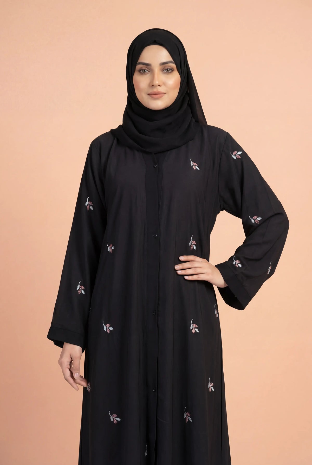 Leafy Black  | Embroidery Front-Open