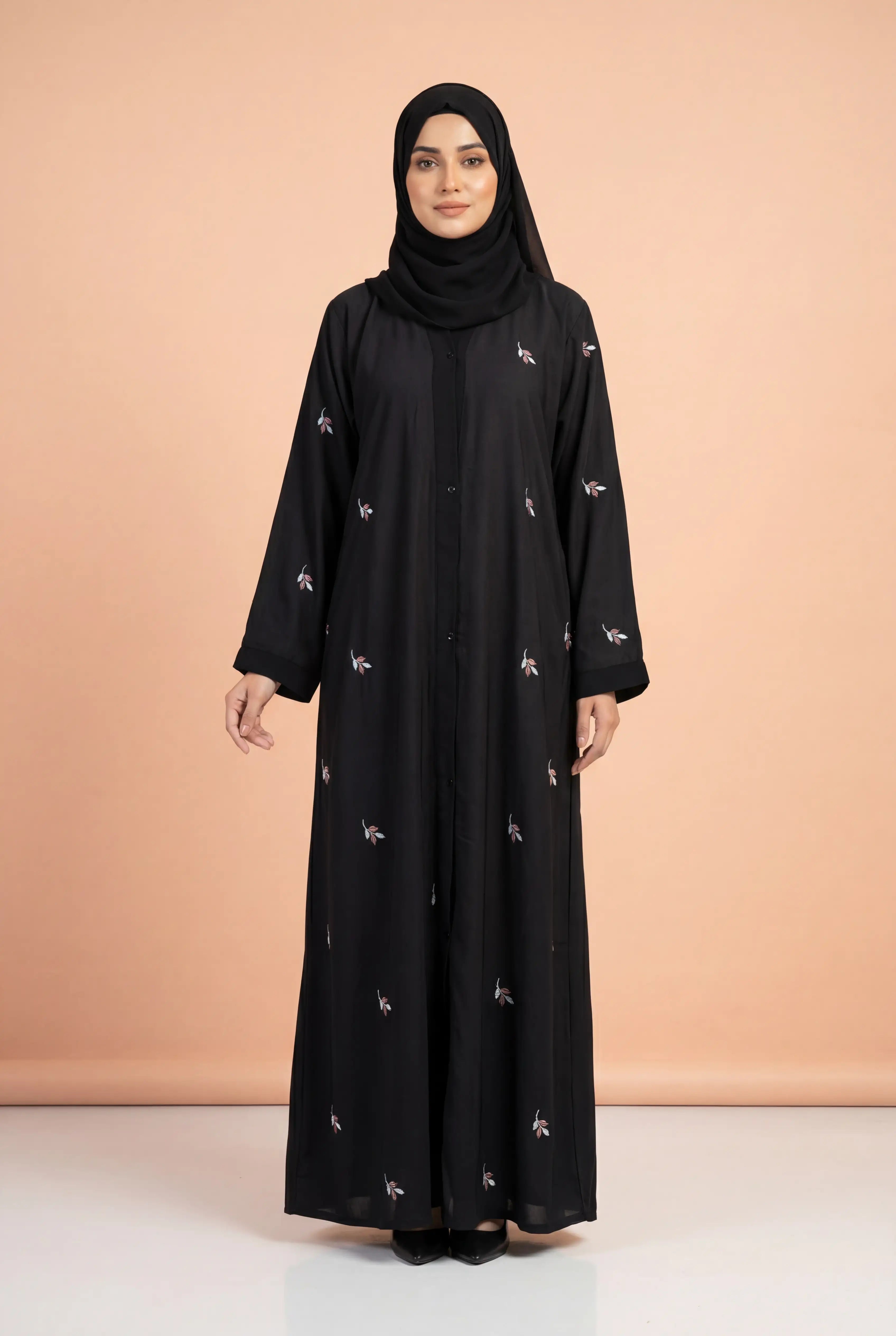 Leafy Black  | Embroidery Front-Open