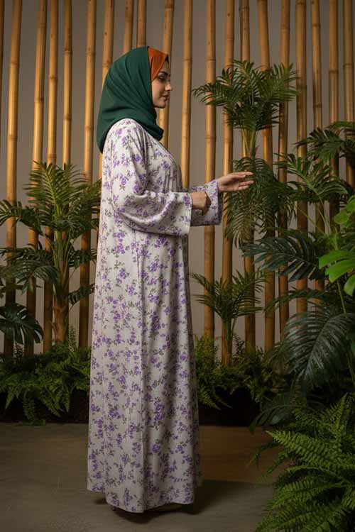 Dusky Flower Soft Beige Abaya | Printed Front-Open